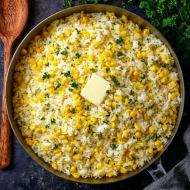 A bowl of buttered corn rice with herbs and spices, garnished for a tasty meal.