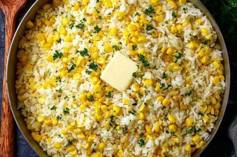 A bowl of buttered corn rice with herbs and spices, garnished for a tasty meal.