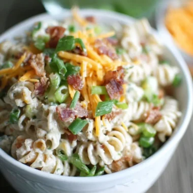 Delicious Cheddar Bacon Ranch Pasta Salad in a bowl with fresh ingredients
