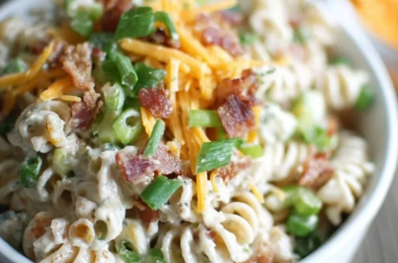 Delicious Cheddar Bacon Ranch Pasta Salad in a bowl with fresh ingredients