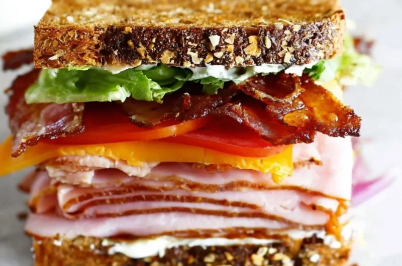 Delectable club sandwich with turkey, ham, and bacon layers stacked high