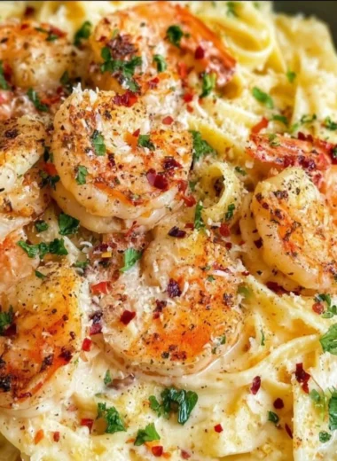 Creamy garlic butter shrimp alfredo served in a bowl with parsley garnish
