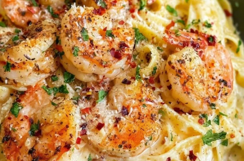 Creamy garlic butter shrimp alfredo served in a bowl with parsley garnish