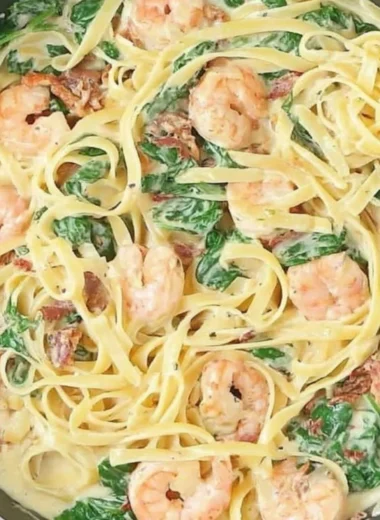 Delicious creamy Tuscan shrimp linguine served in a bowl