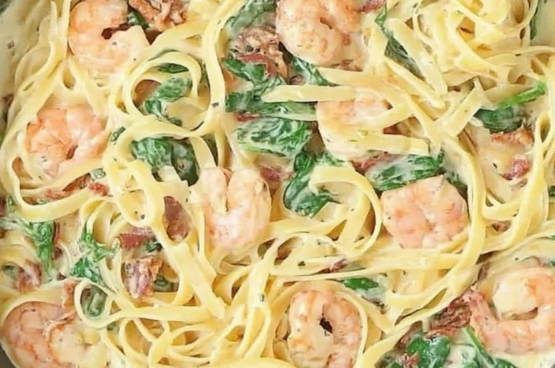 Delicious creamy Tuscan shrimp linguine served in a bowl