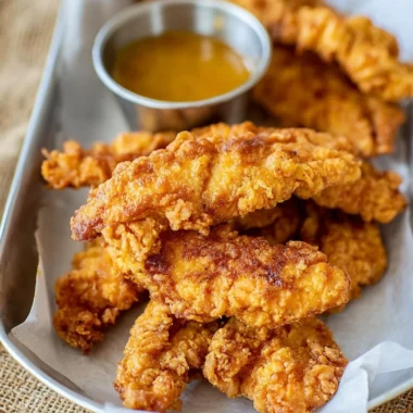 Crispy chicken tenders served with dipping sauce on a plate
