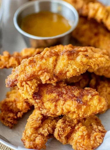 Crispy chicken tenders served with dipping sauce on a plate