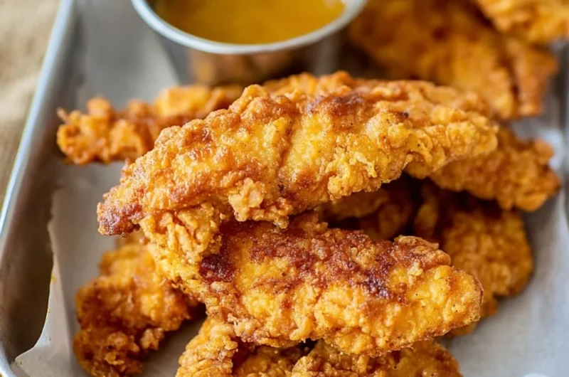 Crispy chicken tenders served with dipping sauce on a plate