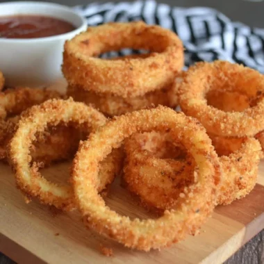 A plate of crispy onion rings with a golden-brown coating