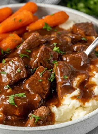 Crock Pot beef tips simmering in rich gravy for a delicious meal