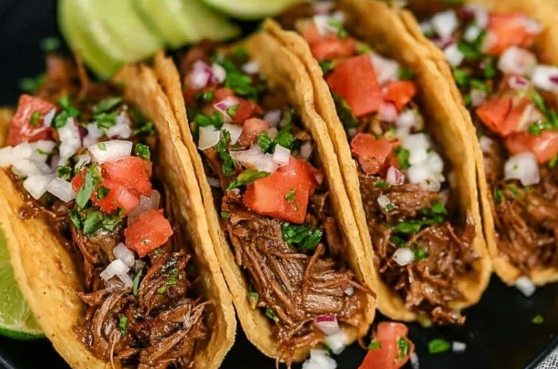 Delicious crock pot street tacos served in soft corn tortillas with toppings