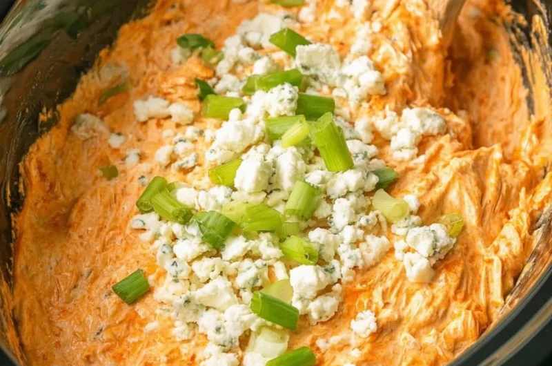 Delicious Crockpot Buffalo Chicken Dip garnished with green onions and served with chips.