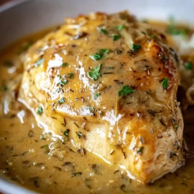 Slow cooked Crockpot Chicken in creamy gravy served on a plate