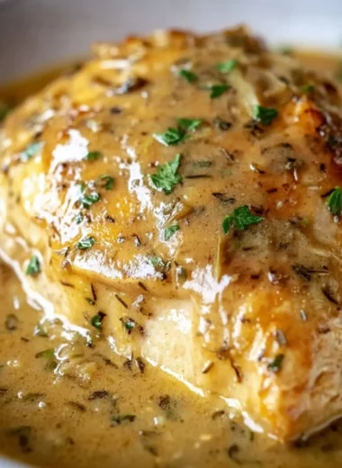 Slow cooked Crockpot Chicken in creamy gravy served on a plate