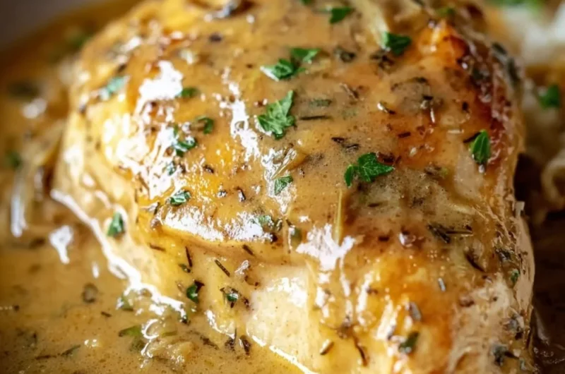 Slow cooked Crockpot Chicken in creamy gravy served on a plate
