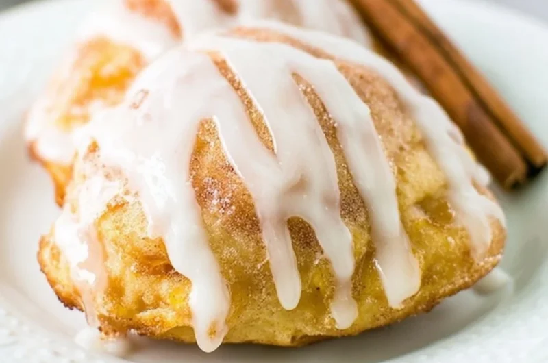 Fresh peach fritters served on a plate, golden and fluffy.