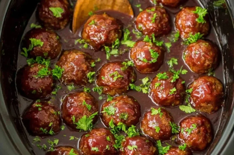 Delicious grape jelly meatballs served on a platter, perfect for appetizers.