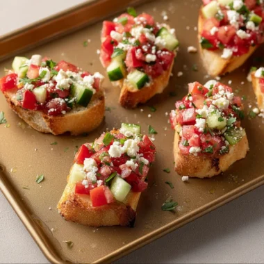 Delicious Greek Bruschetta topped with fresh tomatoes and feta cheese