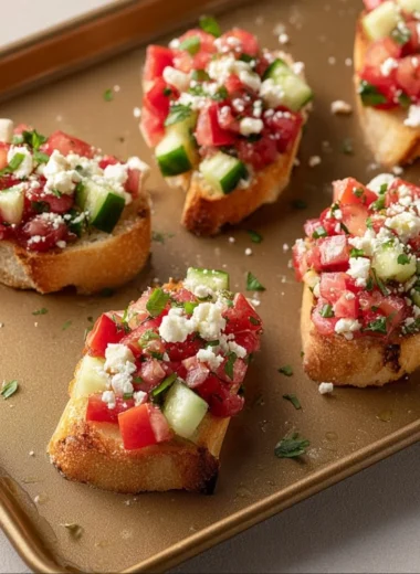 Delicious Greek Bruschetta topped with fresh tomatoes and feta cheese