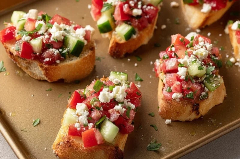 Delicious Greek Bruschetta topped with fresh tomatoes and feta cheese