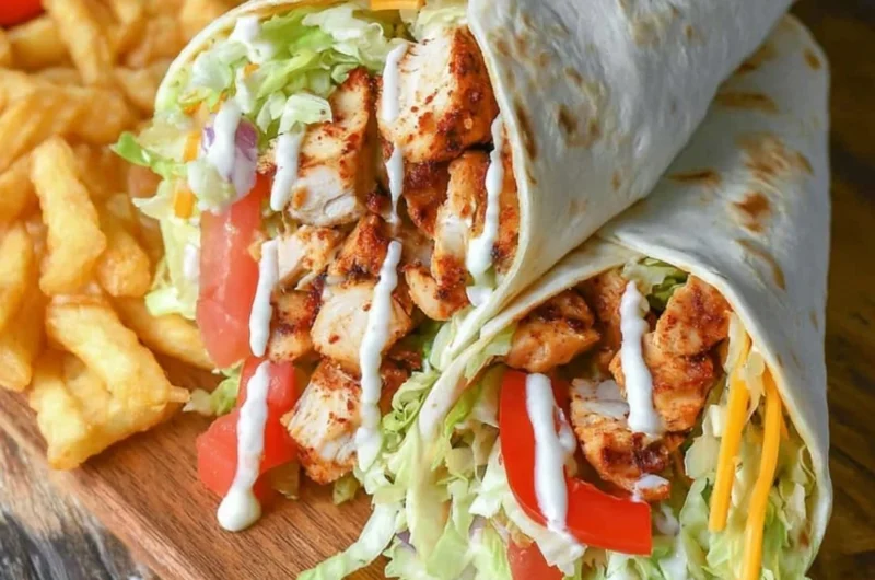 Grilled chicken wrap with chipotle mayo served on a plate