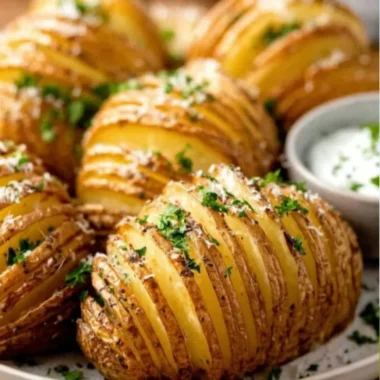 Golden brown Hasselback Potatoes topped with herbs and seasoning.