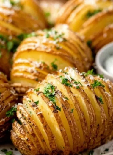Golden brown Hasselback Potatoes topped with herbs and seasoning.