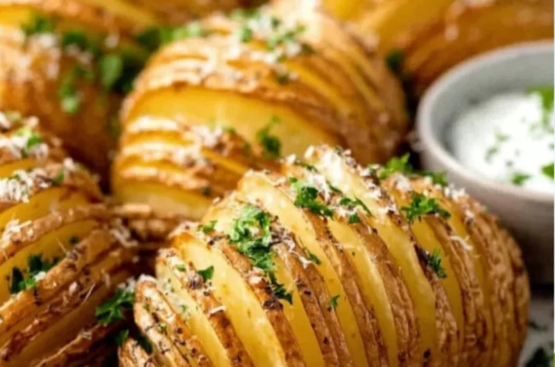 Golden brown Hasselback Potatoes topped with herbs and seasoning.