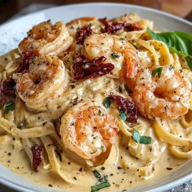 Creamy Marry Me Shrimp Pasta topped with fresh herbs and shrimp