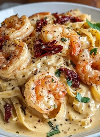 Creamy Marry Me Shrimp Pasta topped with fresh herbs and shrimp