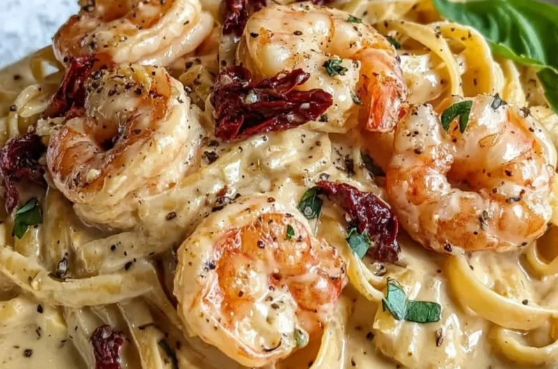 Creamy Marry Me Shrimp Pasta topped with fresh herbs and shrimp