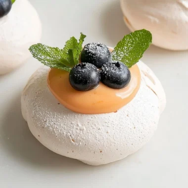 Plate of meringues topped with vibrant citrus curd, a delicious dessert.