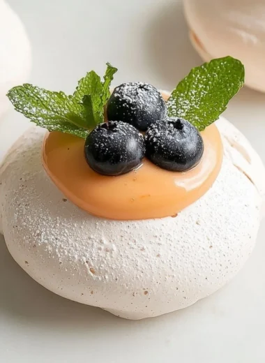 Plate of meringues topped with vibrant citrus curd, a delicious dessert.