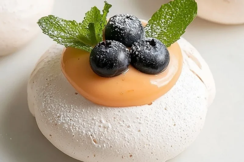Plate of meringues topped with vibrant citrus curd, a delicious dessert.