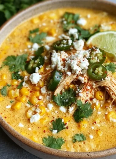 Bowl of Mexican Street Corn Soup garnished with cilantro and lime.