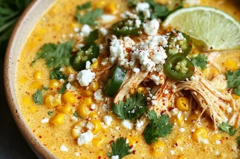 Bowl of Mexican Street Corn Soup garnished with cilantro and lime.