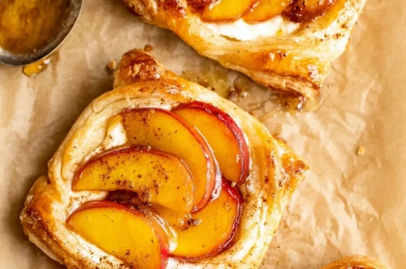 Mini peach and cream cheese tarts served on a white plate, garnished with fresh mint.