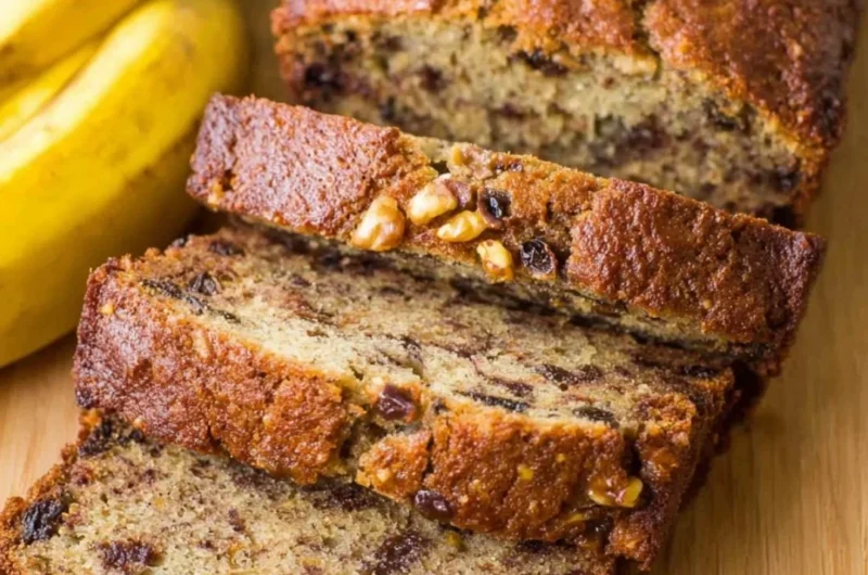 Delicious moist banana nut bread topped with walnuts