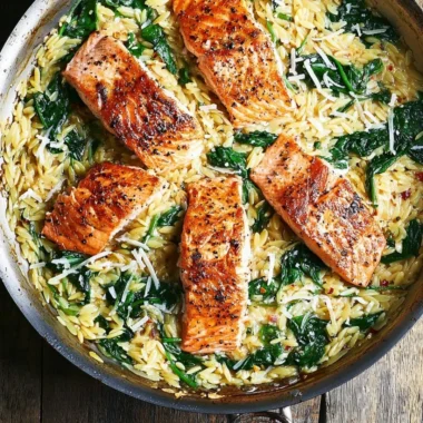 One skillet salmon served with lemon orzo in a bright, colorful dish.