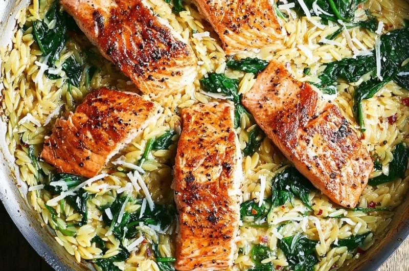 One skillet salmon served with lemon orzo in a bright, colorful dish.