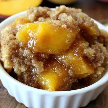 Homemade Peach Crisp dessert with baked peaches and crumble topping