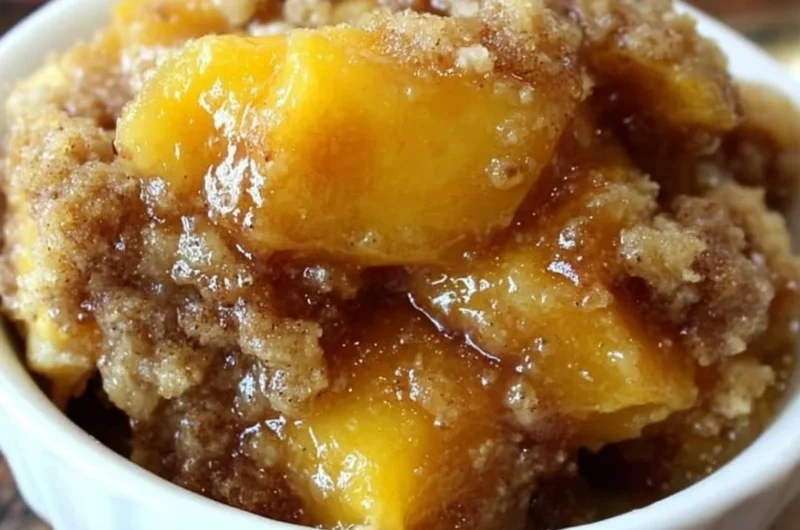 Homemade Peach Crisp dessert with baked peaches and crumble topping