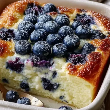 Protein-powered blueberry cottage cheese breakfast bake topped with fresh blueberries