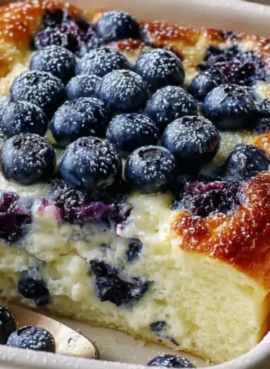 Protein-powered blueberry cottage cheese breakfast bake topped with fresh blueberries
