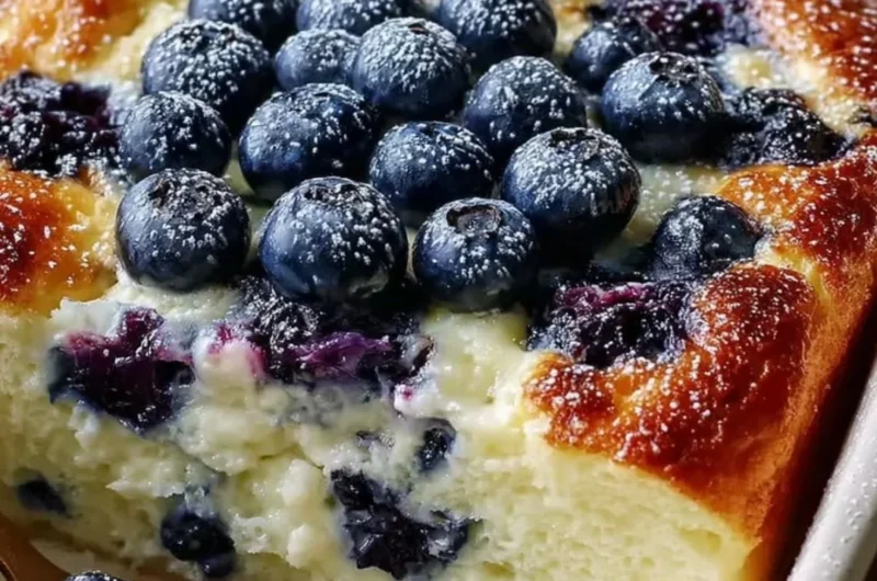 Protein-powered blueberry cottage cheese breakfast bake topped with fresh blueberries
