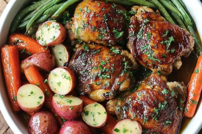 Slow Cooker Honey Garlic Chicken with fresh vegetables ready to serve.