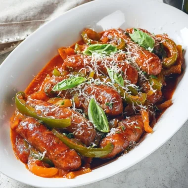 Slow cooker sausage with peppers and onions dish served in a bowl