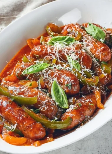 Slow cooker sausage with peppers and onions dish served in a bowl
