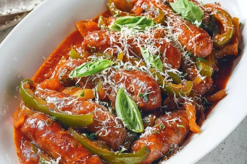 Slow cooker sausage with peppers and onions dish served in a bowl