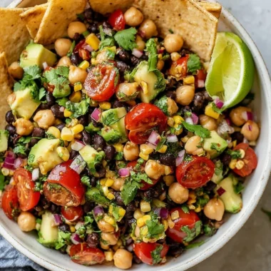 Colorful Southwest Chickpea Black Bean Salad with fresh vegetables and beans